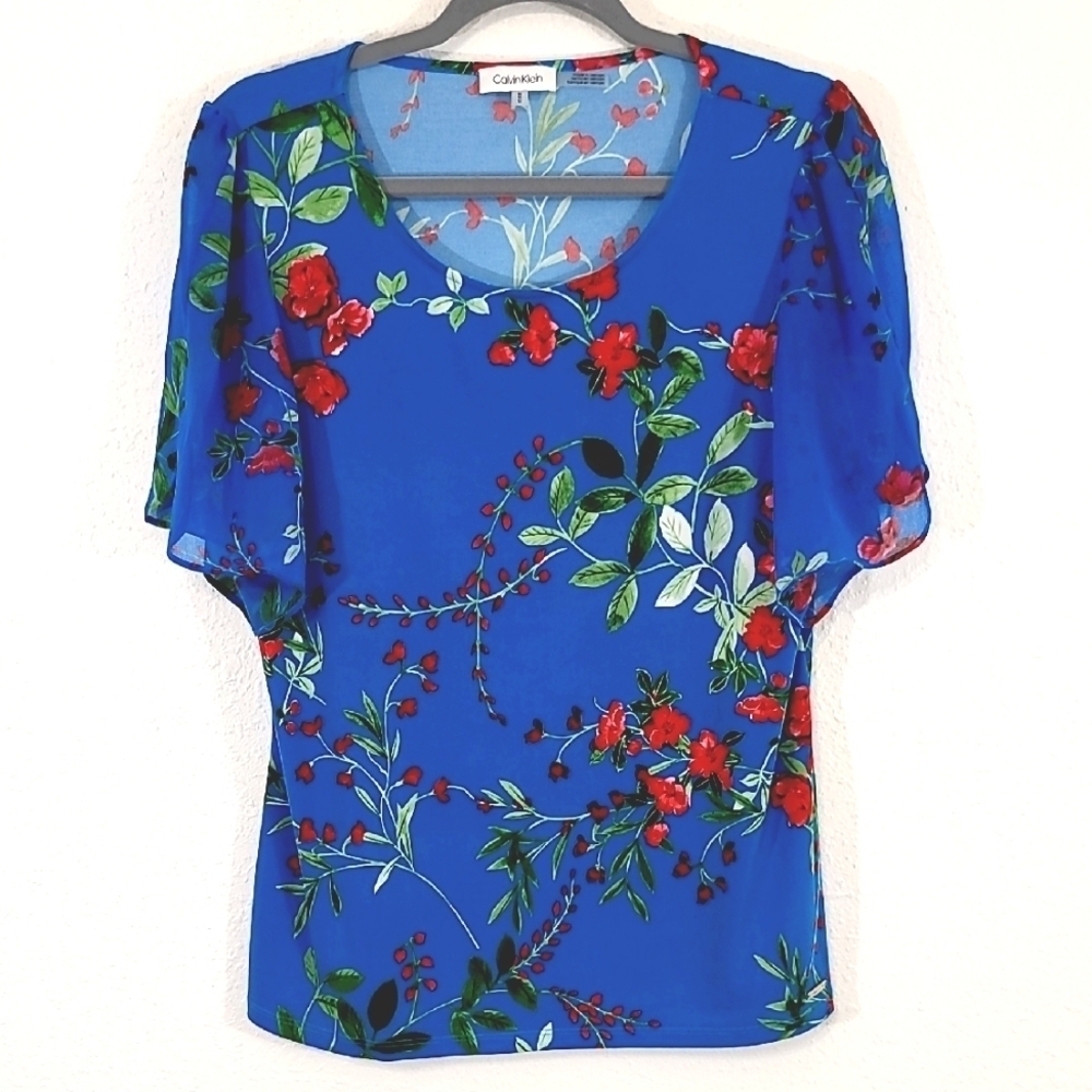 CALVIN KLEIN Blue Floral Flowy Vibrant Blouse Semi-Sheer Sleeves Summer Event, M